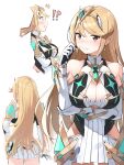  !? 1girl ^^^ absurdres bare_shoulders blonde_hair breasts brown_eyes chest_jewel cleavage cleavage_cutout clothing_cutout earrings elbow_gloves from_behind gem gloves grey_hair headpiece highres jewelry large_breasts long_hair looking_at_viewer mameroku multiple_views mythra_(xenoblade) open_mouth simple_background third-party_edit translation_request white_background white_gloves xenoblade_chronicles_(series) xenoblade_chronicles_2 yellow_eyes 