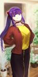  1girl aoba_(smartbeat) bangs black_skirt blue_eyes blunt_bangs bow breasts brown_jacket choker contemporary fate/grand_order fate_(series) hair_bow hands_on_hips highres jacket large_breasts long_hair long_skirt looking_at_viewer martha_(fate) ponytail purple_hair shirt skirt smile solo yellow_shirt 