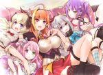  5girls ahoge amane_kanata asacoco blonde_hair bow breasts candy_hair_ornament cleavage_cutout clothing_cutout crown demon_tail dragon_horns ear_piercing food-themed_hair_ornament fujieda_miyabi hair_ornament hairband halo heterochromia himemori_luna hololive horns kiryu_coco large_breasts lying multiple_girls on_back orange_hair piercing pink_hair purple_hair sheep_horns silver_hair smile tail thighhighs tokoyami_towa tsunomaki_watame twintails virtual_youtuber 