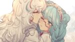 2girls animal_ears arknights bangs bear_ears blue_eyes blue_hair blush closed_mouth eyebrows_visible_through_hair feathers from_side headdress istina_(arknights) istina_(bibliosmia)_(arknights) kiss kissing_cheek long_hair monocle multicolored_hair multiple_girls official_alternate_costume one_eye_closed pentagon_(shape) red_hair red_neckwear rosa_(arknights) streaked_hair upper_body white_hair ya_kexi yuri 