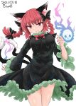  1girl :3 animal_ear_fluff animal_ears artist_name black_bow black_dress bow bowtie braid cat_ears cat_tail chups closed_mouth cowboy_shot dated dress extra_ears eyebrows_visible_through_hair hair_bow hair_ribbon hand_up highres hitodama kaenbyou_rin light_blush long_hair long_sleeves looking_at_viewer multiple_tails nail_polish nekomata petticoat pointy_ears red_bow red_eyes red_hair red_nails red_neckwear ribbon signature simple_background skull solo tail touhou tress_ribbon twin_braids twintails two_tails white_background 