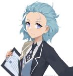  1girl black_jacket blue_eyes blue_hair clipboard closed_mouth fled forehead highres holding honkai_(series) honkai_impact_3rd jacket lieserl_albert_einstein long_sleeves looking_at_viewer messy_hair necktie portrait short_hair simple_background smile solo white_background 