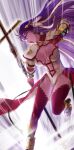  1girl aoba_(smartbeat) bangs belt blue_eyes blunt_bangs breasts capelet center_opening cleavage crosier fate/grand_order fate_(series) gauntlets hair_ribbon highres large_breasts light_rays long_hair martha_(fate) navel open_mouth pelvic_curtain purple_hair red_legwear ribbon solo staff thighhighs thighs white_capelet 