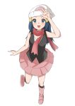  1girl :d bare_arms beanie black_legwear black_shirt blush boots commentary_request dawn_(pokemon) eyelashes full_body grey_eyes hair_ornament hairclip hat highres kneehighs leg_up long_hair looking_at_viewer nyagonya21 open_mouth pink_footwear pink_skirt pokemon pokemon_(game) pokemon_dppt red_scarf scarf shirt skirt sleeveless sleeveless_shirt smile solo tongue white_headwear 