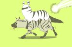  aardwolf aardwolf_(kemono_friends) animalization flying_sweatdrops heavy_breathing highres kemono_friends no_humans plains_zebra_(kemono_friends) riding sandstar savanna_striped_giant_slug_(kemono_friends) simple_background slug striped tsuno_(ikkakusu) yellow_background 