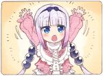  1girl bangs beads black_hairband blue_eyes blunt_bangs capelet child commentary_request frilled_capelet frills gradient_hair hair_beads hair_ornament hairband kanna_kamui kobayashi-san_chi_no_maidragon light_purple_hair looking_at_viewer low_twintails multicolored_hair open_mouth outstretched_arms pink_hair sakino_shingetsu simple_background solo twintails 