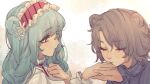  2girls absinthe_(arknights) animal_ears arknights bangs bear_ears black_shirt blue_hair brown_hair closed_eyes eyebrows_visible_through_hair feathers flower from_side hair_flower hair_ornament headdress istina_(arknights) kiss kissing_hand long_hair long_sleeves looking_at_another multiple_girls official_alternate_costume profile red_neckwear shirt short_hair upper_body white_flower ya_kexi yuri 
