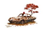 abandoned car commentary_request ground_vehicle leaf motor_vehicle no_humans original police_car rotating_light rust signature simple_background tire tokyogenso translation_request tree vehicle_request white_background 