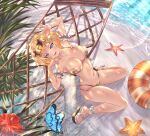  1girl :d absurdres arm_up armband bangs beach bikini blonde_hair blue_eyes blush breasts bug butterfly checkered checkered_bikini cleavage collarbone eyewear_on_head flower from_above hair_ornament hammock hibiscus highres hololive hololive_english honkivampy innertube insect large_breasts layered_bikini light_particles looking_at_viewer lower_teeth medium_hair monocle monocle_hair_ornament navel o-ring o-ring_top ocean open_mouth outdoors red_flower single_strap sitting smile solo sparkle starfish swimsuit toeless_legwear towel virtual_youtuber wariza water watson_amelia 