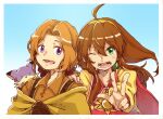  1boy 1girl ahoge brown_hair creature green_eyes hair_ornament hairband lilka_eleniak long_hair looking_at_viewer low-tied_long_hair michibata_65 open_mouth poncho simple_background smile tim_rhymeless twintails v wild_arms wild_arms_2 yellow_hairband 