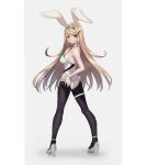  1girl animal_ears ass black_legwear blonde_hair blush breasts bunny_ears from_behind gem head_tilt headpiece high_heels highres large_breasts leotard long_hair mythra_(xenoblade) pantyhose playboy_bunny pretty_mundane silver_footwear simple_background smile standing tiara two-tone_background white_leotard xenoblade_chronicles_(series) xenoblade_chronicles_2 yellow_eyes 