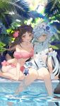  2girls ahoge animal_ears ankle_lace-up arknights arm_ribbon bahao_diqiu bangs bare_legs barefoot bikini bikini_skirt blurry blurry_background blush breasts brown_hair closed_mouth depth_of_field eyjafjalla_(arknights) eyjafjalla_(summer_flowers)_(arknights) flower hair_flower hair_ornament hair_over_one_eye head_wreath highres horns leaf leg_garter leg_ribbon legs long_hair looking_at_viewer medium_breasts multiple_girls navel off-shoulder_bikini off_shoulder official_alternate_costume one-piece_swimsuit open_mouth outdoors palm_leaf pink_bikini pink_flower pink_hair revision ribbon sheep_ears sheep_girl sheep_horns sheep_tail sitting smile soaking_feet stomach swimsuit tail thighs toes tomimi_(arknights) tomimi_(silent_night)_(arknights) very_long_hair wet white_flower white_ribbon white_swimsuit wrist_cuffs yellow_eyes 