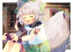  1girl :d ^_^ ahoge animal_ear_fluff animal_ears bangs beret blurry blurry_background blush closed_eyes commentary_request controller depth_of_field drawstring eyebrows_visible_through_hair facing_viewer feet_out_of_frame feyyosei frilled_skirt frills game_controller green_headwear green_skirt grey_hair hat holding hood hood_down hoodie indie_virtual_youtuber knees_up kou_hiyoyo lens_flare long_sleeves open_mouth plaid pleated_skirt puffy_long_sleeves puffy_sleeves see-through see-through_sleeves skirt smile solo tail virtual_youtuber white_hoodie wolf_ears wolf_girl wolf_tail 
