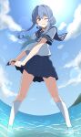  1girl alternate_costume blue_hair blue_neckwear blue_skirt gotland_(kancolle) hair_bun highres kantai_collection kneehighs long_hair miniskirt mole mole_under_eye neckerchief nel-c one_eye_closed school_uniform serafuku short_sleeves sidelocks skirt socks white_legwear 