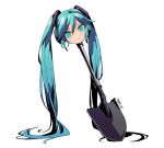  1girl :&gt; aqua_eyes aqua_hair artist_name closed_mouth commentary english_commentary full_body hair_between_eyes hatsune_miku long_hair looking_at_viewer objectification pikat shovel simple_background smile solo twintails v-shaped_eyebrows very_long_hair vocaloid white_background white_legwear 