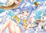  1girl :d alternate_costume animal_ear_fluff animal_ears bag bare_legs blue_sky blush bouquet braid breasts bunny-shaped_pupils bunny_ears carrot_hair_ornament cloud cloudy_sky commentary cowboy_shot day don-chan_(usada_pekora) dress eyebrows_visible_through_hair floating_hair floating_hat flower food-themed_hair_ornament hair_between_eyes hair_ornament handbag hat hat_flower hat_ribbon hikosan holding holding_bouquet hololive light_blue_hair long_hair looking_at_viewer multicolored_hair nousagi_(usada_pekora) official_art open_mouth outdoors petals pinafore_dress ribbon sky sleeveless sleeveless_dress small_breasts smile solo straw_hat streaked_hair thick_eyebrows thighs twin_braids twintails two-tone_hair usada_pekora virtual_youtuber water_drop watermark white_dress white_hair 