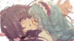  2girls animal_ears arknights bangs bear_ears blue_eyes blue_hair brown_hair closed_eyes collar eyebrows_visible_through_hair falling_petals french_kiss from_side headdress istina_(arknights) istina_(bibliosmia)_(arknights) kiss long_hair looking_at_another monocle multiple_girls official_alternate_costume petals simple_background tongue upper_body white_background ya_kexi zima_(arknights) 