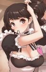  1girl adjusting_hair apron arms_up bangs black_dress blush breasts brown_eyes brown_hair cleavage dress frilled_apron frills hair_tie_in_mouth heart highres kawakami_sadayo kurosususu large_breasts maid mouth_hold persona persona_5 short_sleeves solo upper_body white_apron 