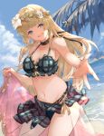  1girl absurdres anne_(shingeki_no_bahamut) bangs bare_shoulders beach bikini blonde_hair blue_eyes blue_sky breasts choker cleavage collarbone flower granblue_fantasy grey_bikini hair_flower hair_ornament highres large_breasts long_hair looking_at_viewer navel nos open_mouth outstretched_arm plaid plaid_bikini sky smile solo swimsuit thighs 