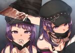  1boy 1girl after_fellatio bangs bare_shoulders black_headwear black_mask black_nails blush breasts censored chain chain_necklace cum cum_in_mouth cum_on_tongue diagonal_bangs ear_piercing erere fellatio fellatio_under_mask hat hetero idolmaster idolmaster_shiny_colors long_hair looking_at_viewer mask mask_pull medium_breasts mosaic_censoring mouth_mask oral overflow penis piercing purple_eyes purple_hair tanaka_mamimi tongue tongue_out 