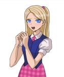  anime_coloring artist_request bangs barbie_(character) barbie_(franchise) barbie_movies barbie_princess_charm_school blair_(barbie) blonde_hair blue_eyes blue_vest collared_shirt crossover danganronpa_(series) hairband half_updo hands_together hands_up miniskirt necktie nervous open_mouth parody parted_bangs pink_hairband pink_skirt plaid plaid_skirt puffy_short_sleeves puffy_sleeves school_uniform shirt short_sleeves side_ponytail skirt source_request style_parody surprised vest white_background white_shirt wide-eyed 