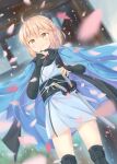 1girl ahoge akazateri bangs black_scarf blonde_hair blue_cape blurry blurry_background blush cape cherry_blossoms commentary_request dutch_angle eyebrows_visible_through_hair fate/grand_order fate_(series) katana looking_at_viewer medium_hair obi okita_souji_(fate) okita_souji_(fate)_(all) outdoors sash scarf smile solo sword weapon yellow_eyes 