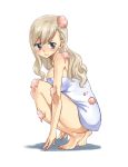  1girl bangs barefoot blue_eyes blush closed_mouth eden&#039;s_zero eyebrows_visible_through_hair from_side full_body highres long_hair looking_at_viewer mashima_hiro naked_towel official_art rebecca_bluegarden shiny shiny_hair shiny_skin silver_hair simple_background soap solo squatting towel white_background white_towel 