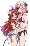  2girls ahoge bikini blush brown_eyes brown_hair chiyoda_momo collarbone curled_horns demon_girl demon_horns demon_tail eyebrows_visible_through_hair hair_ornament hairclip highres hiroshix31 horns long_hair machikado_mazoku multiple_girls open_mouth pink_hair shiny shiny_hair short_hair side-tie_bikini simple_background swimsuit tail white_background yoshida_yuuko_(machikado_mazoku) yuri 