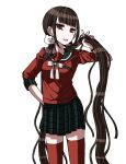  1girl alternate_hair_ornament bangs bear_hair_ornament black_skirt blunt_bangs bow bracelet breasts brown_hair commentary_request danganronpa_(series) danganronpa_v3:_killing_harmony grey_background hair_ornament hand_on_hip hand_up harukawa_maki holding holding_hair jewelry jian_jing long_hair long_sleeves looking_at_viewer low_twintails medium_breasts mole mole_under_eye open_mouth plaid plaid_skirt pleated_skirt red_eyes red_legwear red_scrunchie red_shirt sailor_collar school_uniform scrunchie serafuku shirt skirt smile solo thighhighs twintails upper_teeth white_bow zettai_ryouiki 