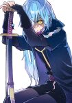  1other androgynous bangs belt blue_hair closed_mouth commentary_request eyebrows_visible_through_hair hair_between_eyes highres holding holding_sword holding_weapon jacket katana light_particles long_hair long_sleeves one_eye_covered rimuru_tempest sheath sheathed shirane_rine simple_background solo sword tensei_shitara_slime_datta_ken weapon white_background yellow_eyes 
