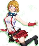  1girl black_footwear bokura_wa_ima_no_naka_de boots bow bowtie breasts earrings eyebrows_visible_through_hair fingerless_gloves gloves green_neckwear hair_between_eyes hair_ornament heart heart_earrings highres jewelry koizumi_hanayo looking_at_viewer love_live! love_live!_school_idol_project medium_breasts nakano_maru navel open_mouth purple_eyes red_gloves red_skirt simple_background skirt smile solo star_(symbol) star_hair_ornament twitter_username white_background 