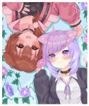  2girls :3 :d absurdres ahoge animal_ear_fluff animal_ears ayama_nano bangs black_choker black_jacket black_shirt blush breasts brown_eyes brown_hair cat_ears choker closed_mouth collarbone collared_shirt commentary_request dog_ears dress_shirt eyebrows_visible_through_hair flower hand_on_another&#039;s_ear hands_up highres holding holding_flower hololive inugami_korone jacket large_breasts long_sleeves looking_at_another lying medium_hair morning_glory multiple_girls nekomata_okayu on_back open_mouth pink_flower pink_jacket purple_eyes purple_flower purple_hair shirt sleeves_past_wrists smile upper_body virtual_youtuber white_shirt 