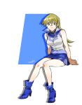  1girl 203wolves blonde_hair blue_background blue_footwear blue_skirt boots breasts brown_eyes closed_mouth duel_academy_uniform_(yu-gi-oh!_gx) full_body hair_between_eyes high_heel_boots high_heels highres large_breasts long_hair looking_at_viewer miniskirt shiny shiny_hair shiny_skin shirt signature sitting sketch skirt sleeveless sleeveless_shirt solo straight_hair tenjouin_asuka two-tone_background very_long_hair white_background white_shirt yu-gi-oh! yu-gi-oh!_gx 