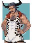  1boy animal_ears animal_print arm_hair armpit_hair armpit_peek bara bare_shoulders bulge chest_hair chest_harness covered_abs cow_boy cow_ears cow_horns cow_print dark-skinned_male dark_skin earrings facial_hair hairy hands_on_hips harness highres horns jewelry judo-kun_(saiberseks) large_pectorals leg_hair long_sideburns male_cleavage male_focus mature_male muscular muscular_male mustache nose_piercing nose_ring original pectorals piercing short_hair sideburns solo stomach thick_eyebrows thighs towel towel_around_neck 