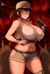  1girl abs absurdres alternate_breast_size animal blurry blurry_background blush breasts brown_eyes brown_hair brown_shorts cameltoe cleavage covered_nipples crop_top curvy explosive finger_on_trigger fio_germi glasses grenade gun handgun highres hip_vent holding holding_grenade holding_gun holding_weapon huge_breasts jmg knee_pads looking_at_viewer medium_hair metal_slug_tactics midriff nose_blush open_clothes open_vest oversized_animal pistol reward_available round_eyewear sagging_breasts short_ponytail short_shorts shorts sleeveless slug solo_focus stielhandgranate surrounded thick_thighs thighs vest weapon 