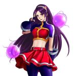  1girl absurdres asamiya_athena belt blue_gloves blue_shorts booger_wang breasts cowboy_shot derivative_work energy_ball gloves highres long_hair looking_at_viewer medium_breasts navel purple_hair red_eyes red_skirt shorts simple_background skirt smile the_king_of_fighters white_background 