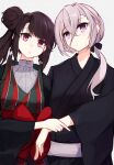  2girls :o arm_grab azur_lane bangs black_kimono black_ribbon bow braid brown_hair closed_mouth commentary cowboy_shot crossed_bangs eyebrows_visible_through_hair green_kimono hair_between_eyes hair_bow hair_ribbon head_tilt highres iron_cross japanese_clothes kimono long_hair looking_at_viewer low_ponytail marshall_k multiple_girls obi official_alternate_costume open_clothes open_kimono parted_lips purple_eyes red_eyes red_kimono ribbon sash short_braid sidelocks silver_hair simple_background standing striped striped_kimono sweat twin_braids white_background wide_sleeves yukata z1_leberecht_maass_(azur_lane) z2_georg_thiele_(azur_lane) 