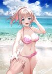  1girl 1other :d bangs banned_artist beach bikini blonde_hair blue_eyes breasts cleavage collarbone eyebrows_visible_through_hair fingernails highres holding_hands large_breasts looking_at_viewer midori_fuu open_mouth original outdoors pink_bikini ponytail pov sand signature smile solo_focus swimsuit thighs upper_teeth water waves 