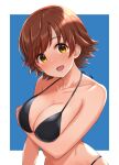  1girl :d arm_under_breasts bangs bikini black_bikini blue_background blush border breasts brown_hair cleavage eyebrows_visible_through_hair honda_mio idolmaster idolmaster_cinderella_girls large_breasts looking_at_viewer open_mouth outside_border short_hair simple_background smile solo swept_bangs swimsuit tomajiyama upper_body white_border yellow_eyes 