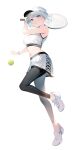  1girl alternate_costume artist_request ball bare_shoulders blue_eyes blush breasts full_body highres holding holding_racket medium_breasts navel racket shoes siesta_(tantei_wa_mou_shindeiru) silver_hair simple_background sneakers solo sportswear tantei_wa_mou_shindeiru tennis tennis_ball tennis_racket tennis_uniform visor_cap white_background wristband 