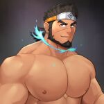  1boy absurdres bara beard blue_fire character_request completely_nude dark-skinned_male dark_skin facial_hair fire forehead_protector forked_eyebrows highres large_pectorals male_focus mature_male miqi_(nnaf3344) muscular muscular_male ninja nipples nude pectorals scar scar_on_cheek scar_on_face scar_on_nose short_hair smile solo thick_eyebrows tied_hair tokyo_houkago_summoners upper_body 