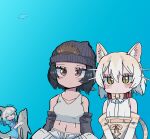  3girls ^_^ absurdres animal_collar animal_ears aqua_hair bare_shoulders beanie black_hair blonde_hair blue_background blush bow bowtie camisole cat_(kemono_friends) cat_ears cat_girl cat_tail closed_eyes closed_mouth collar common_dolphin_(kemono_friends) detached_sleeves dolphin_tail dress expressionless extra_ears gorilla_(kemono_friends) grey_hair hair_between_eyes hat high-waist_skirt highres holding kanmoku-san kemono_friends medium_hair midriff multicolored_hair multiple_girls open_mouth pants simple_background sitting skirt slit_pupils smile stomach tail tan upper_body white_hair yellow_eyes 