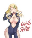  1girl blonde_hair bodysuit breasts brown_eyes character_request commentary_request copyright_name eden&#039;s_zero english_text fishnet_bodysuit fishnets hair_ornament hairclip highres large_breasts long_hair looking_at_viewer mashima_hiro official_art open_mouth simple_background solo standing tongue tongue_out twintails white_background 