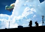  arm_up backpack bag closed_mouth cloud commentary_request cosmo_(465lilia) cumulonimbus_cloud day drampa from_below gen_7_pokemon giant giant_monster highres outdoors peeking_out pointing pokemon pokemon_(creature) power_lines silhouette sky utility_pole 