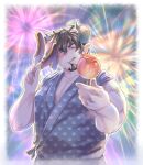  1boy absurdres alternate_costume banana bara barawa bare_shoulders blue_kimono blush brown_eyes brown_hair candy_apple draph facial_hair festival fireworks food fruit goatee granblue_fantasy highres horns incoming_food japanese_clothes kimono looking_at_viewer male_cleavage male_focus mature_male muscular muscular_male osu(statatatatatata) pectorals pointy_ears print_kimono short_hair sleeves_rolled_up smile solo sparkle upper_body 