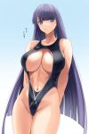  1girl arms_behind_back bangs bare_shoulders black_swimsuit blue_background blue_eyes blue_hair blush breasts closed_mouth collarbone cowboy_shot ear_piercing eyebrows_visible_through_hair fate/grand_order fate_(series) gachou gradient gradient_background highleg highleg_swimsuit highres large_breasts long_hair looking_at_viewer martha_(fate) navel one-piece_swimsuit piercing simple_background solo standing swimsuit 