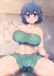  1girl ahoge bangs blue_eyes blue_hair breasts collarbone dripping eyebrows_visible_through_hair green_sports_bra highres large_breasts looking_at_viewer midriff navel nishihara ponponmaru short_hair shoulders sitting smile sports_bra spread_legs steam steaming_body string sweat sweating_profusely thighs ueno-san_wa_bukiyou wet 