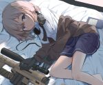  1girl barefoot bed bed_sheet black_gloves blue_skirt bolt_action brown_hair brown_jacket calculator cheytac_m200 earmuffs_around_neck girls&#039;_frontline gloves gun highres holding holding_gun holding_weapon indoors jacket legs long_sleeves looking_at_viewer lying m200_(girls&#039;_frontline) ma40414 on_side open_mouth polo_shirt ponytail purple_eyes rifle shirt skirt sniper_rifle sunlight teeth weapon white_shirt 
