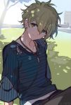  1boy amami_rantarou arm_support bangs brown_pants closed_mouth collarbone danganronpa_(series) danganronpa_v3:_killing_harmony day eyebrows_visible_through_hair grass green_eyes green_hair hair_between_eyes jewelry long_sleeves looking_at_viewer male_focus necklace outdoors pants shirt short_hair sitting smile solo striped striped_shirt symbol_commentary tpi_ri tree twitter_username upper_body 