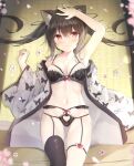  1girl animal_ears arm_up armpits ass_visible_through_thighs bare_arms bare_shoulders black_bra black_hair black_legwear black_panties bra breasts cat_ears cherry_blossoms collarbone frilled_bra frilled_panties frills garter_straps highres japanese_clothes kimono lingerie long_hair looking_at_viewer lying medium_breasts nail_polish navel off_shoulder on_back open_clothes open_kimono original panties parted_lips petals print_kimono red_eyes saeki_sora single_thighhigh solo stomach string_bra string_panties tatami thick_thighs thighhighs thighs underwear white_kimono wide_sleeves 